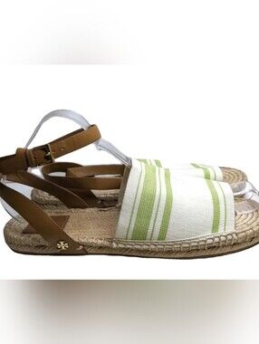 Tory Burch White & Green Striped Espadrille Sandal with Tan Leather Straps Sz 11